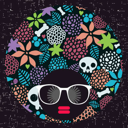 Young afro girl with dark skin and creative turban on her head. Vector illustration with female portrait. Abstract woman face.のイラスト素材