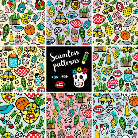 Collection of colorful endless patterns with monsters, funny animals and people. Vector set of wallpaper.のイラスト素材