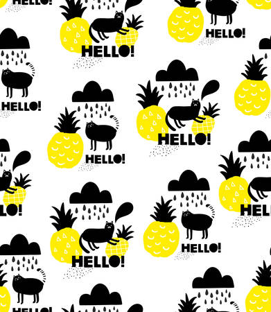 Seamless background with black cats and yellow pineapples.のイラスト素材