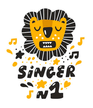 Cute lion with opened mouth singin a song for little one. Poster or card design for child or baby room decor. Funny singer number one.のイラスト素材