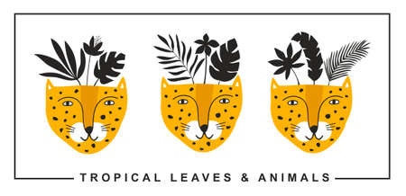 Set of cute leopards faces with black tropical leaves on the head.のイラスト素材