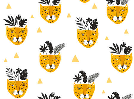 Seamless pattern with leopard cute faces and silhouets of tropical leaves and flowers.のイラスト素材