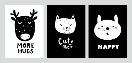 Nordic design prints with cute animals. Black and white decor in baby room. Vector illustration with bunny, cat and deer.のイラスト素材