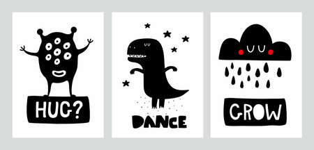 Scandinavian style posters set with cute characters. Trendy illustration in black and white colors for wall art and cards.のイラスト素材