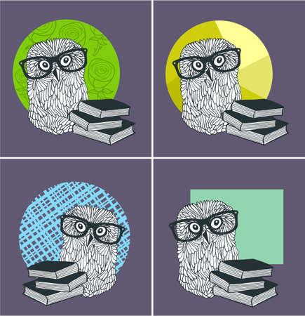 Set of cute owls in glasses with modern books.のイラスト素材