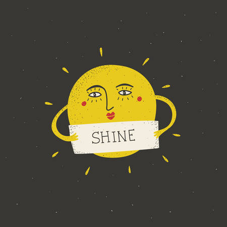 Retro illustration of funny sun with banner in the hands. Vector print for poscards and posters.のイラスト素材