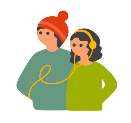 Couple of young people looking forward and listening to music.のイラスト素材