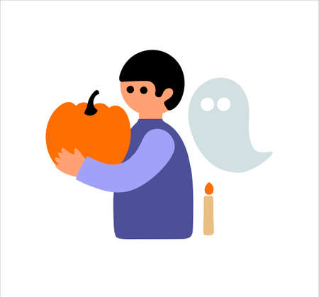 Happy Halloween design concept with young biy and pumpkin in hands.のイラスト素材