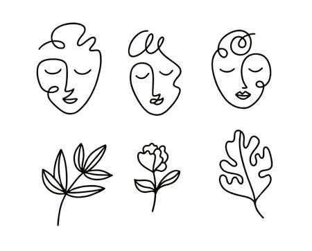 Set of art line illustrations with woman face and flowers.のイラスト素材