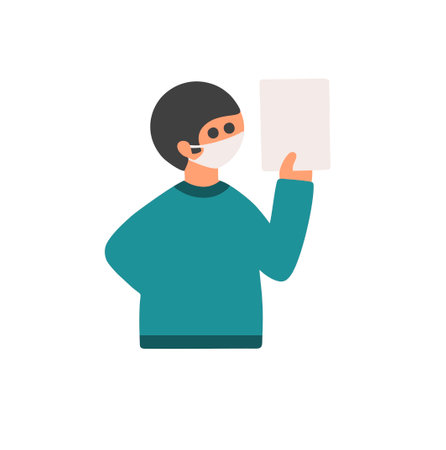 Cartoon character in medical mask hanging sheet of paper in his left hand.のイラスト素材