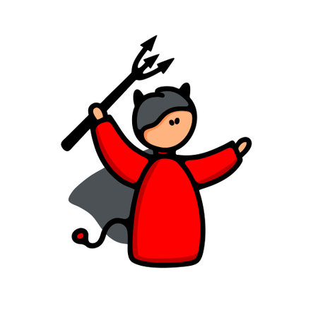 Cute doodle style devil with trident and grey cloak.のイラスト素材