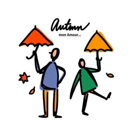 Sketch illustration of two people under umbrellas on autumn background.のイラスト素材