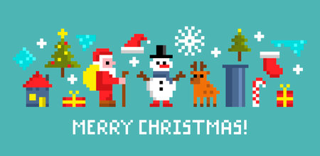 Set of pixel art christmas symbols and characters.のイラスト素材