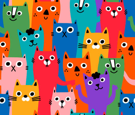 Colorful cats seamless pattern. Vector pet art.のイラスト素材