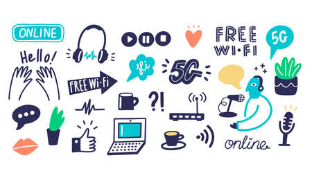 Set of doodle icons for internet and blog design,