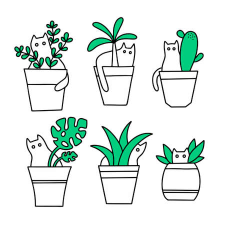 Set of doodle cats sitting in the pots with home flowers.のイラスト素材