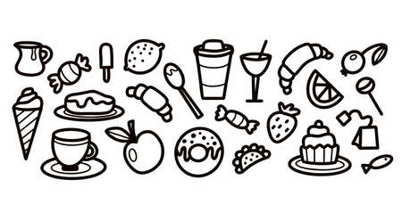Black and white set of food and drinks.のイラスト素材