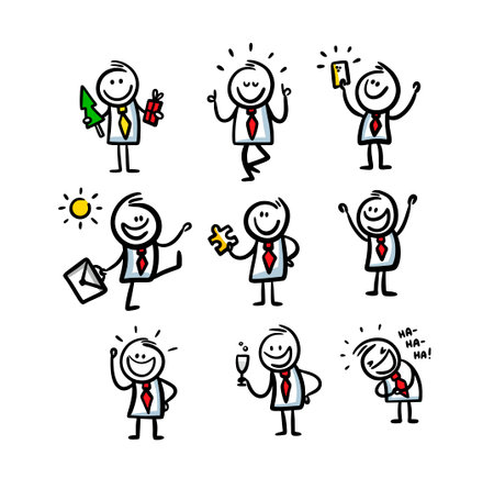 Set of cute doodle characters of office man wokers in red tie.のイラスト素材
