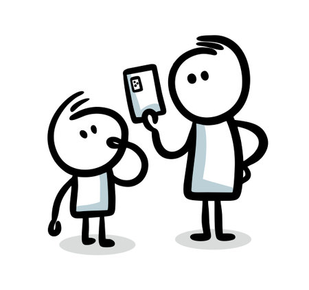 Adult showing new smart phone to the child doodle characters.のイラスト素材