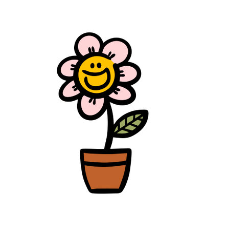 Cartoon hand drawn doodle flower in the pot with smile on human face. Vector illustration of domestic garden plant.のイラスト素材