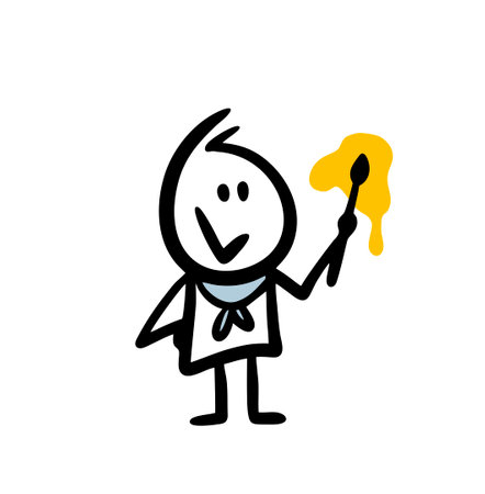 Creative doodle artist portrait painting wall with yellow color. Vector illustration of cute cartoon man by work.のイラスト素材