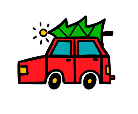 Red car with green christmas tree on the top. Vector holiday illustration.のイラスト素材