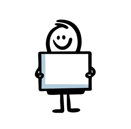 Vector picture of stickman holding empty table in hands. Creative illustration of funny character with banner.のイラスト素材