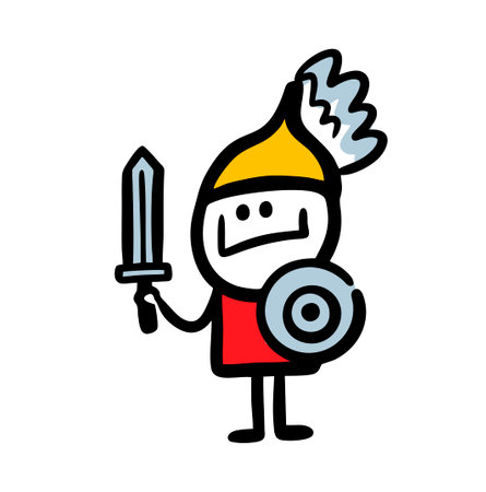 Cute hand drawn boydoing morning fitness workout with happy face. Vector illustration of sporty stickman with fashionable bandage on the head.のイラスト素材