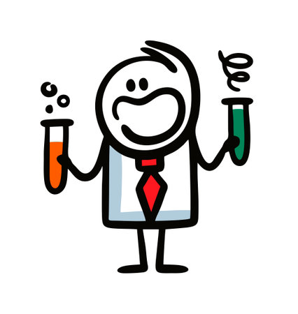 A chemistry teacher in a suit and tie holds two test tubes with chemicals in his hands and tells a lesson. Vector illustration of a scientist demonstrating scientific experiments.のイラスト素材