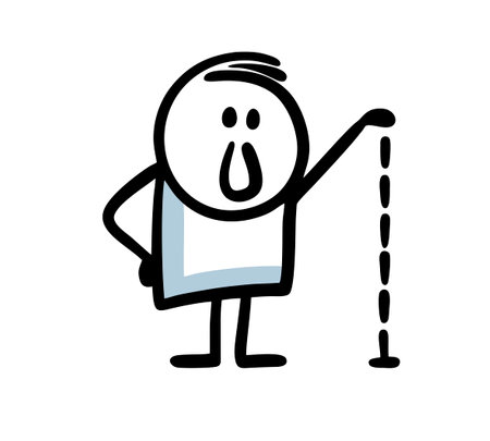 Doodle character shows with his hand and measures the height of the object. Vector illustration of an employee.のイラスト素材