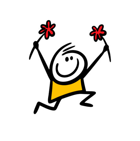 Funny little boy skipping runs and carries flowers.のイラスト素材