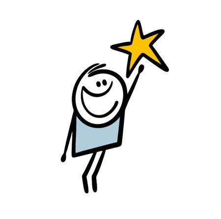 Funny little boy stretches his hand to a big golden star.のイラスト素材