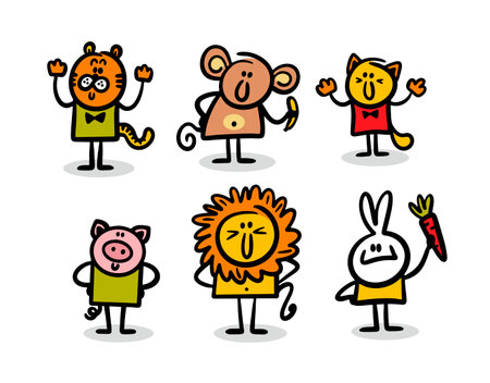 Set of cute hand drawn doodle exotic animals cat, tiger, monkey, lion, pig and rabbit. Vector collection of funny cartoon pets with friendly smiles for nursery design and baby prints.のイラスト素材