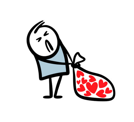 Bisgruntled character tries to drag a big heavy bag full of stolen hearts. Vector illustration of romantic thief.のイラスト素材