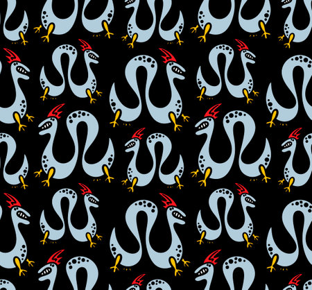 Seamless pattern of chinese dragons on black background. Vector illustration of dark backdrop with fantasy animals wallpaper.のイラスト素材