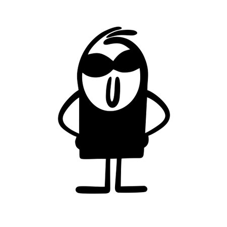 Cartoon stickman in black clothes and sunglasses. Vector illustration of monochrome doodle character.のイラスト素材