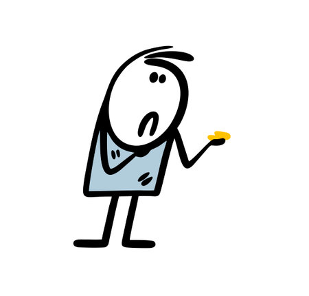 A poor man holds the last few coins in the palm of his hand and asks for alms. Vector illustration cartoon stickman thinks about the hard life of capitalism.のイラスト素材