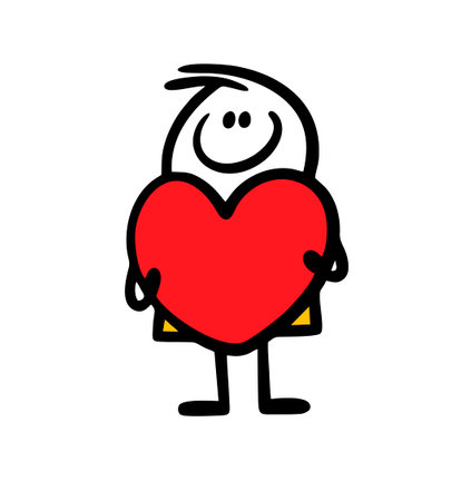 Funny boyfriend brought a big heart to her girlfriend asking to marry him. Vector illustration of stick figure boy in love and romantic gift.のイラスト素材