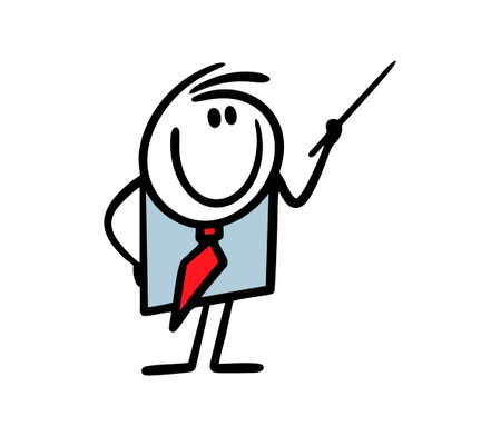 Cartoon businessman with a pointer in his hands shows something on the board and tells the strategy of a new business project. Vector illustration of a teacher in a suit in class.のイラスト素材