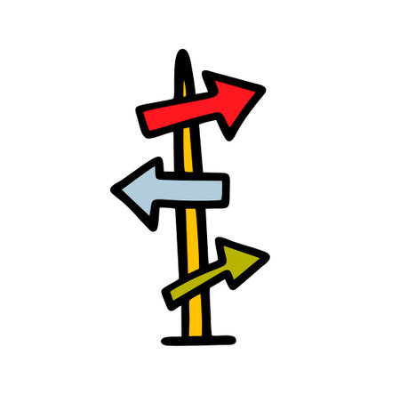 A road sign, a column with an arrow. Vector illustration of a multi-colored traffic sign indicating the direction.のイラスト素材