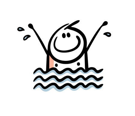 Cheerful boy jumps out of the water with splashes. Vector illustration of a stickman on vacation at sea. Cartoon image isolated on white background.のイラスト素材