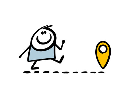 Stick figure boy walking on dotted line to the location sign mark. Vector illustration of happy doodle character travelling outdoor.のイラスト素材