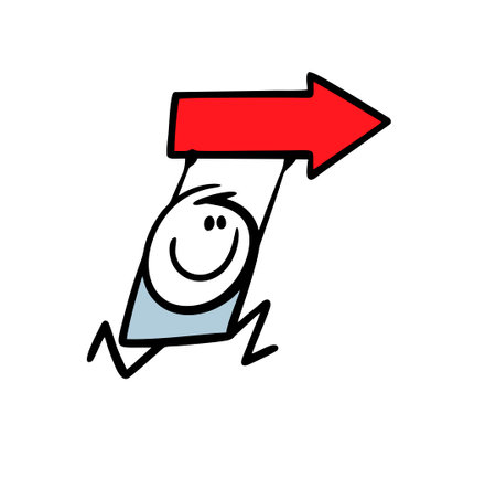 Funny stick figure guy holds a big red arrow in rising up hands and showing direction. Vector illustration of road mark. Cartoon image isolated on white background.のイラスト素材