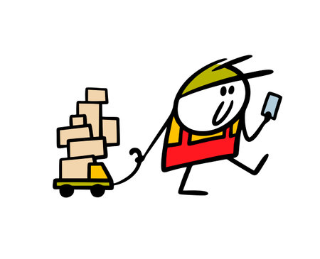 Funny little boy with toy truck and mountain of boxes playing game of delivery company. Vector illustration of stickman at work. Cartoon image isolated on white background.のイラスト素材