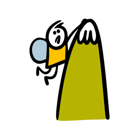 Unfortunate tourist holds on to the top of the mountain and is afraid to fall down. Vector illustration of a tourist stickman in trouble. Cartoon image isolated on white background.のイラスト素材