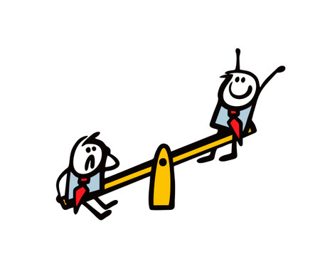 Two businessmen are swinging on the swing of success. Vector illustration of the winner and loser in finance and career stickman. Cartoon stick man character isolated on white background.のイラスト素材