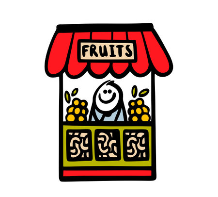 Mobile stall selling fresh fruits and vegetables. Vector illustration of the seller in grocery store.のイラスト素材