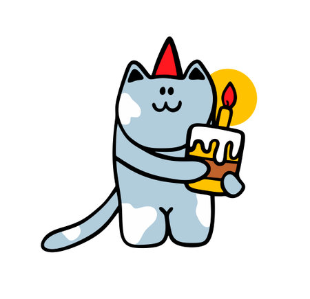 Funny fat kitten with happy birthday cake and buring candle. Vector illustration animal in red holiday cap with sweet gift. isolated on white background.のイラスト素材