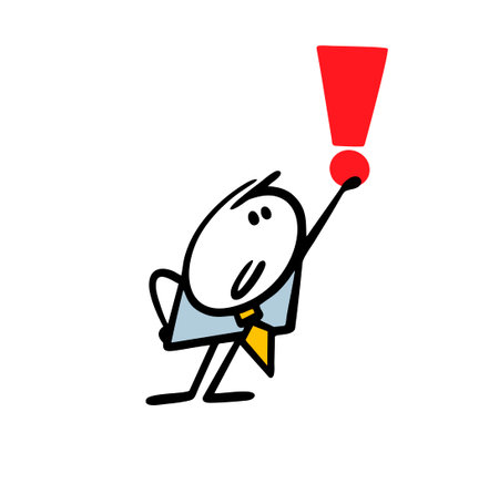 Businessman in an office suit holds an exclamation mark in his hand above his head. Guy draws attention to important information in the text. vector illustration. Doodle cartoon stick man character.のイラスト素材