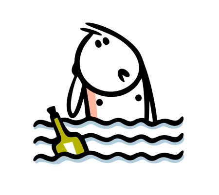 Confused stickman in the sea looks at an old bottle with a message floating in the water on the waves. Vector illustration of a postal item. Doodle cartoon stick man character isolated.のイラスト素材